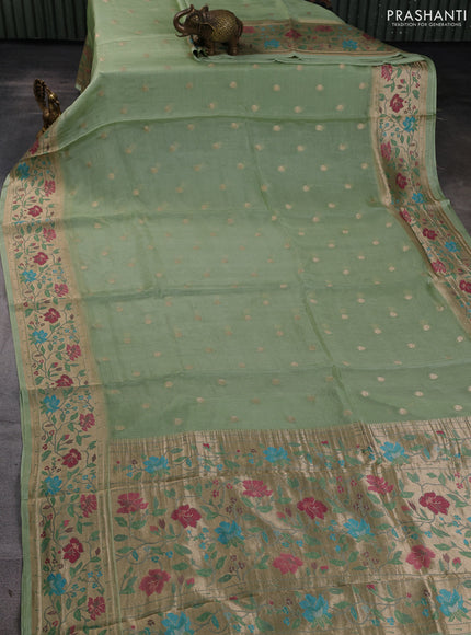 Silk kota saree pista green with allover zari woven buttas and floral design paithani style border