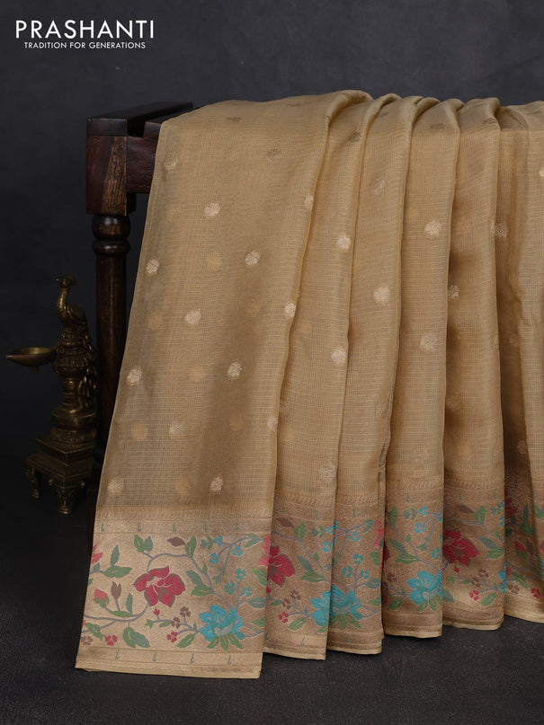 Silk kota saree sandal with allover zari woven buttas and floral design paithani style border