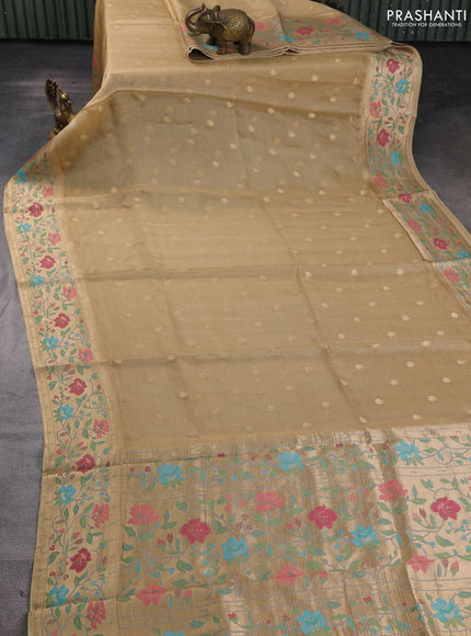 Silk kota saree sandal with allover zari woven buttas and floral design paithani style border