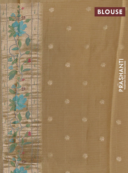 Silk kota saree sandal with allover zari woven buttas and floral design paithani style border