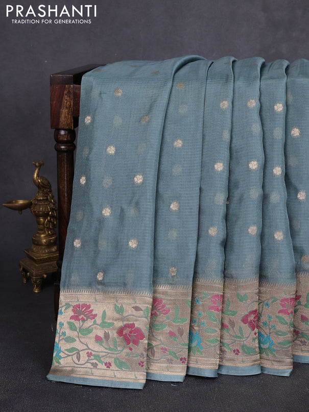 Silk kota saree pastel green with allover zari woven buttas and floral design paithani style border