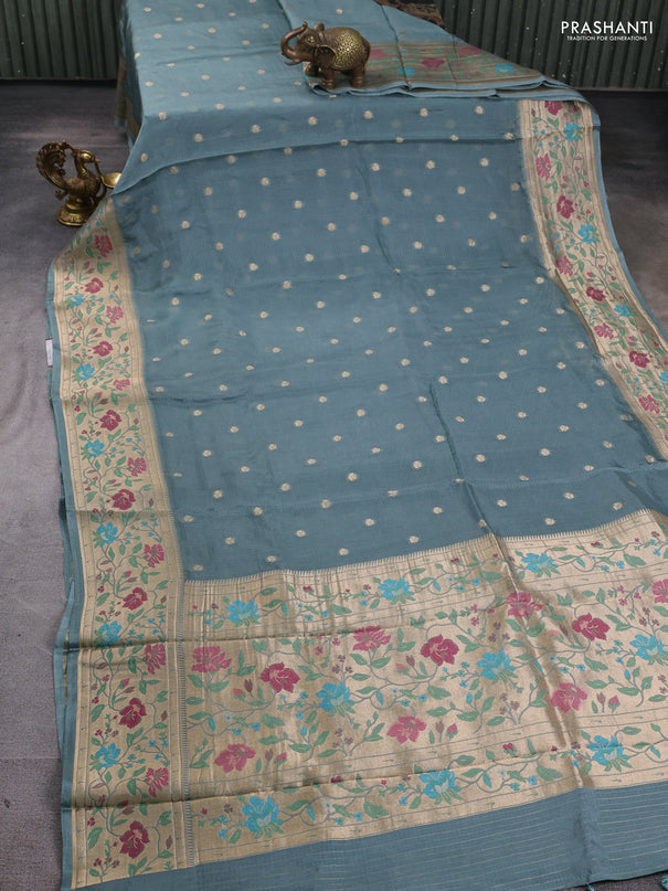Silk kota saree pastel green with allover zari woven buttas and floral design paithani style border