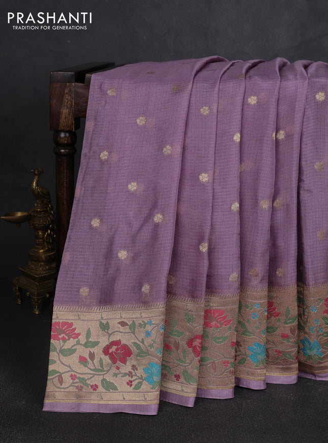 Silk kota saree lavender with allover zari woven buttas and floral design paithani style border