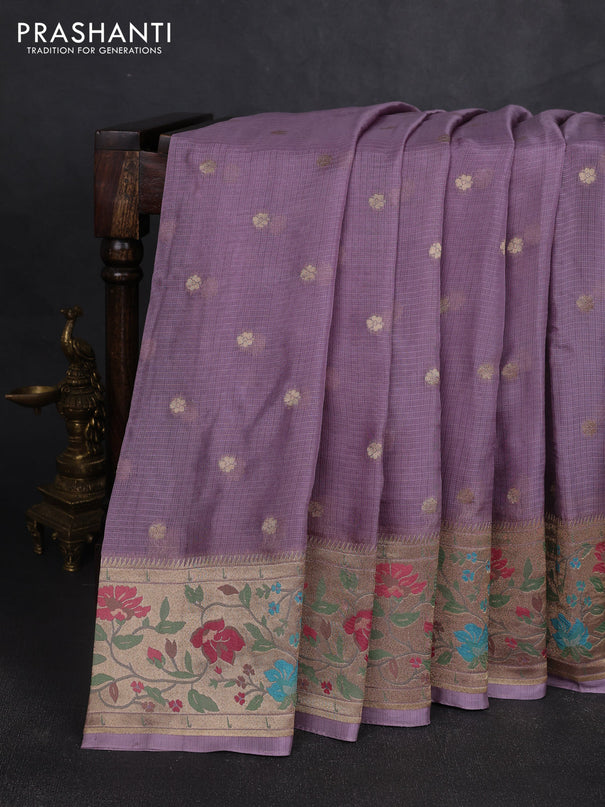 Silk kota saree lavender with allover zari woven buttas and floral design paithani style border