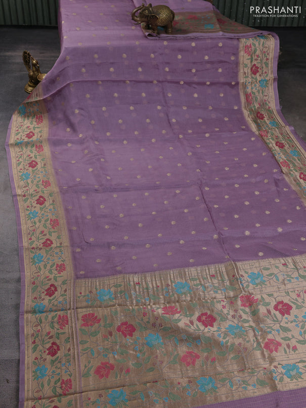 Silk kota saree lavender with allover zari woven buttas and floral design paithani style border