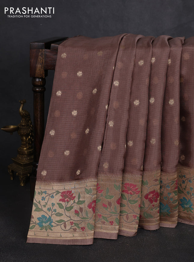 Silk kota saree pastel brown with allover zari woven buttas and floral design paithani style border