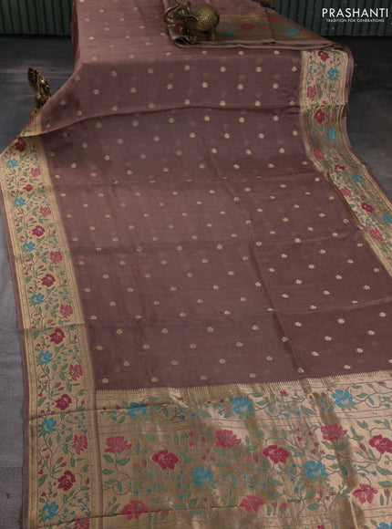 Silk kota saree pastel brown with allover zari woven buttas and floral design paithani style border