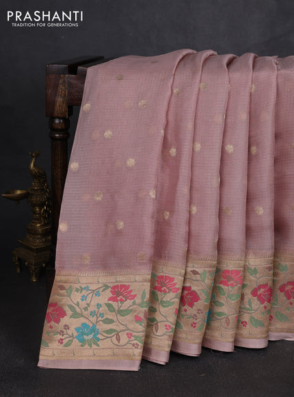 Silk kota saree pastel pink with allover zari woven buttas and floral design paithani style border