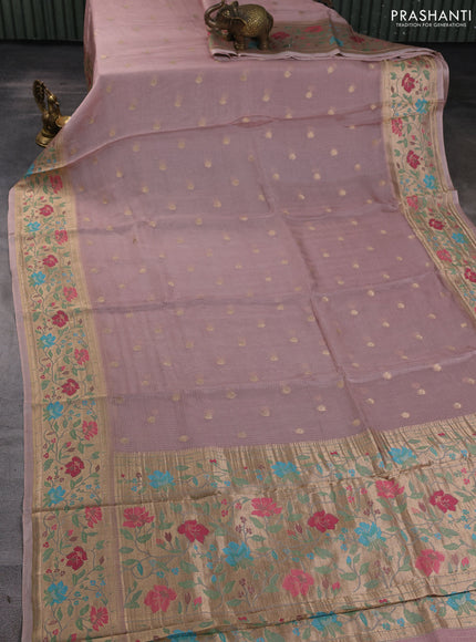 Silk kota saree pastel pink with allover zari woven buttas and floral design paithani style border