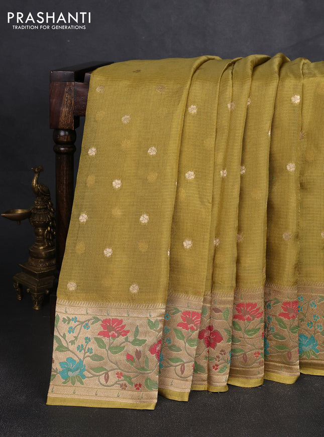 Silk kota saree mustard green with allover zari woven buttas and floral design paithani style border