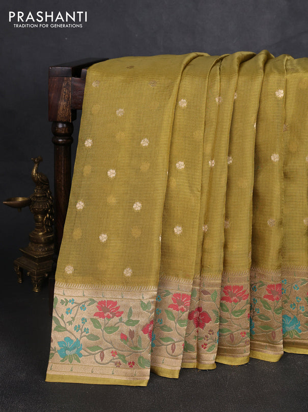 Silk kota saree mustard green with allover zari woven buttas and floral design paithani style border