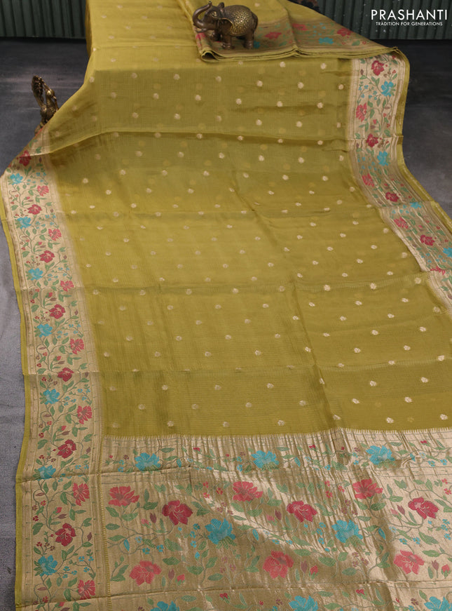 Silk kota saree mustard green with allover zari woven buttas and floral design paithani style border