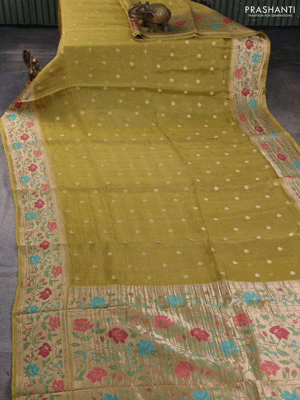 Silk kota saree mustard green with allover zari woven buttas and floral design paithani style border