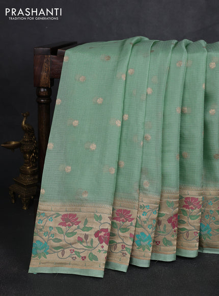 Silk kota saree teal green with allover zari woven buttas and floral design paithani style border