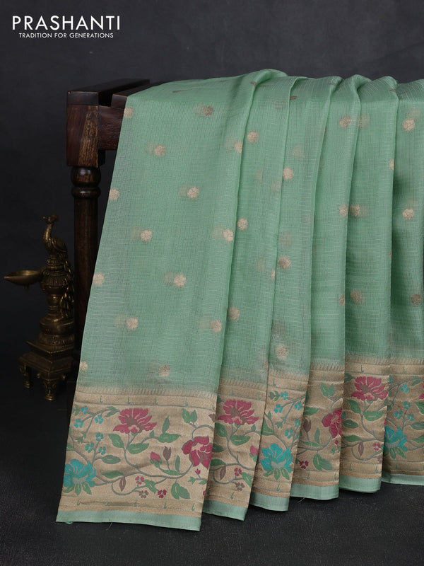 Silk kota saree teal green with allover zari woven buttas and floral design paithani style border
