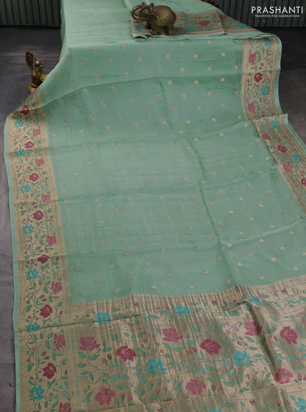 Silk kota saree teal green with allover zari woven buttas and floral design paithani style border