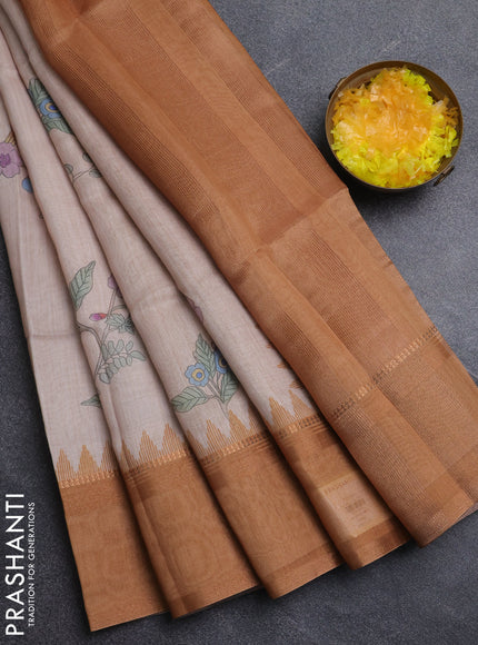 Art Linen saree dark sandal with allover floal prints and temple design rettapet zari woven border