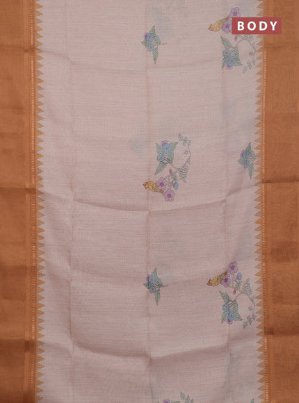 Art Linen saree dark sandal with allover floal prints and temple design rettapet zari woven border