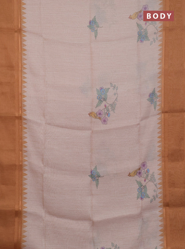 Art Linen saree dark sandal with allover floal prints and temple design rettapet zari woven border