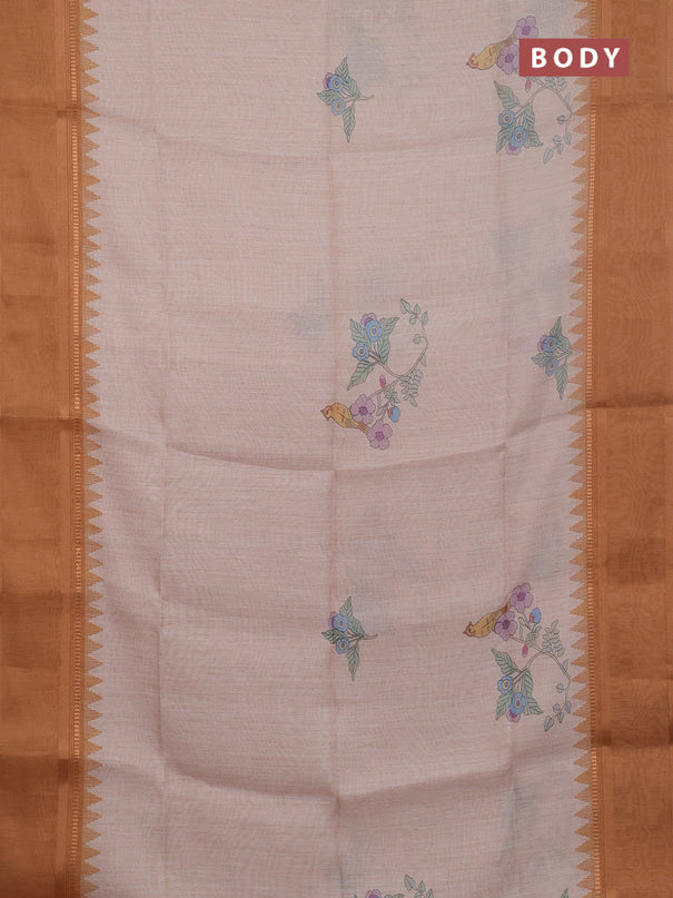 Art Linen saree dark sandal with allover floal prints and temple design rettapet zari woven border