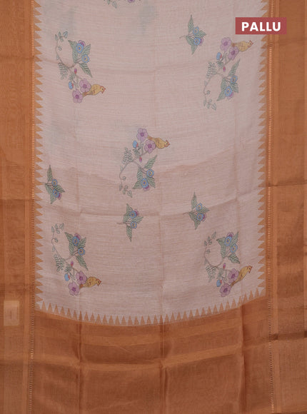 Art Linen saree dark sandal with allover floal prints and temple design rettapet zari woven border