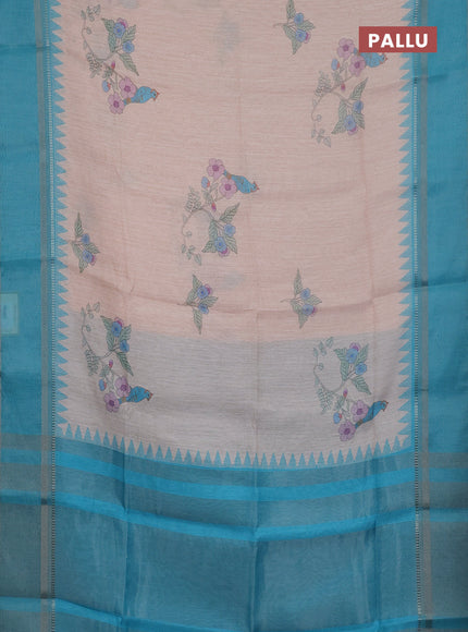 Art Linen saree teal blue with allover floal prints and temple design rettapet zari woven border