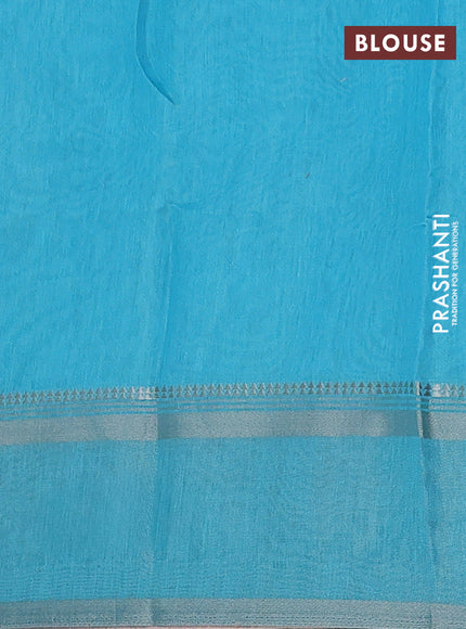 Art Linen saree teal blue with allover floal prints and temple design rettapet zari woven border