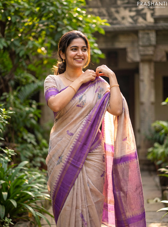 Art Linen saree beige and purple with allover floal prints and temple design rettapet zari woven border