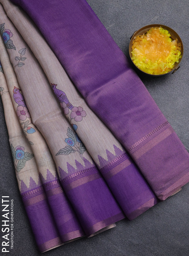 Art Linen saree beige and purple with allover floal prints and temple design rettapet zari woven border