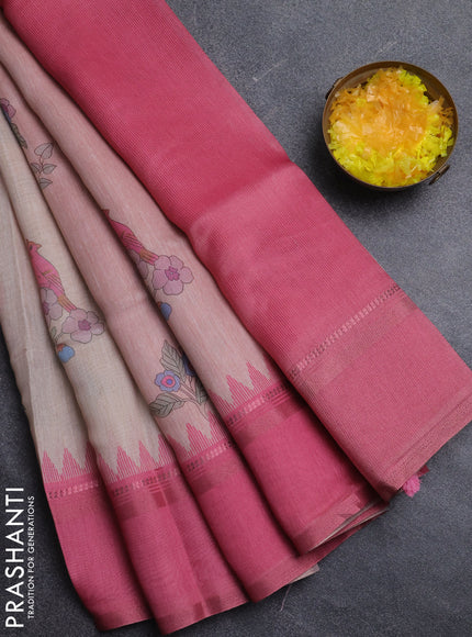 Art Linen saree pastel peach and pink with allover floal prints and temple design rettapet zari woven border