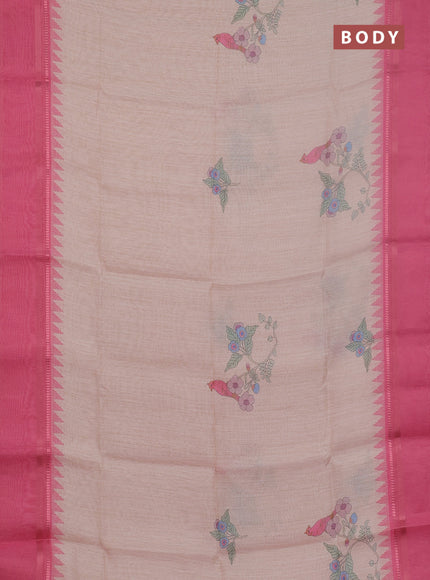 Art Linen saree pastel peach and pink with allover floal prints and temple design rettapet zari woven border