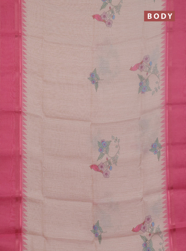 Art Linen saree pastel peach and pink with allover floal prints and temple design rettapet zari woven border
