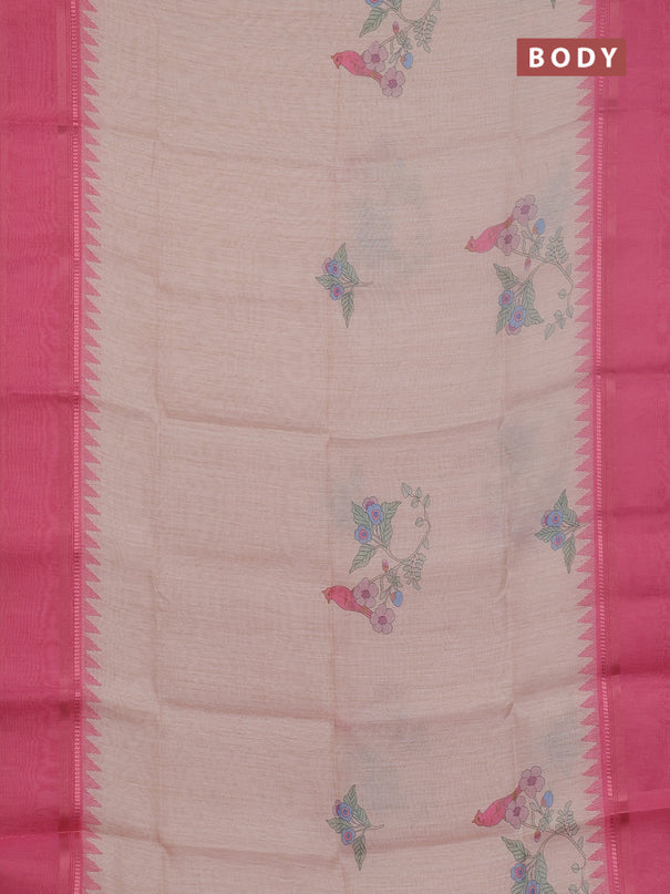 Art Linen saree pastel peach and pink with allover floal prints and temple design rettapet zari woven border