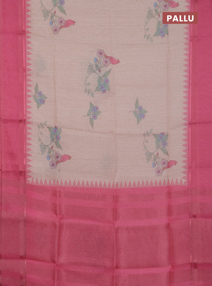 Art Linen saree pastel peach and pink with allover floal prints and temple design rettapet zari woven border