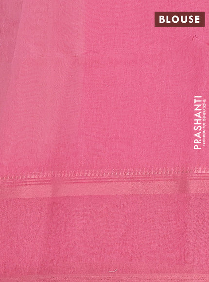 Art Linen saree pastel peach and pink with allover floal prints and temple design rettapet zari woven border