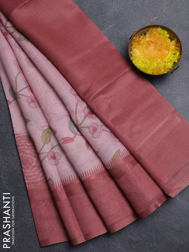 Art Linen saree peach shade with allover floal prints and temple design rettapet zari woven border