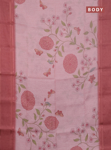 Art Linen saree peach shade with allover floal prints and temple design rettapet zari woven border