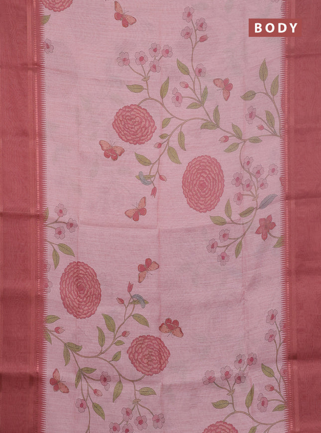 Art Linen saree peach shade with allover floal prints and temple design rettapet zari woven border