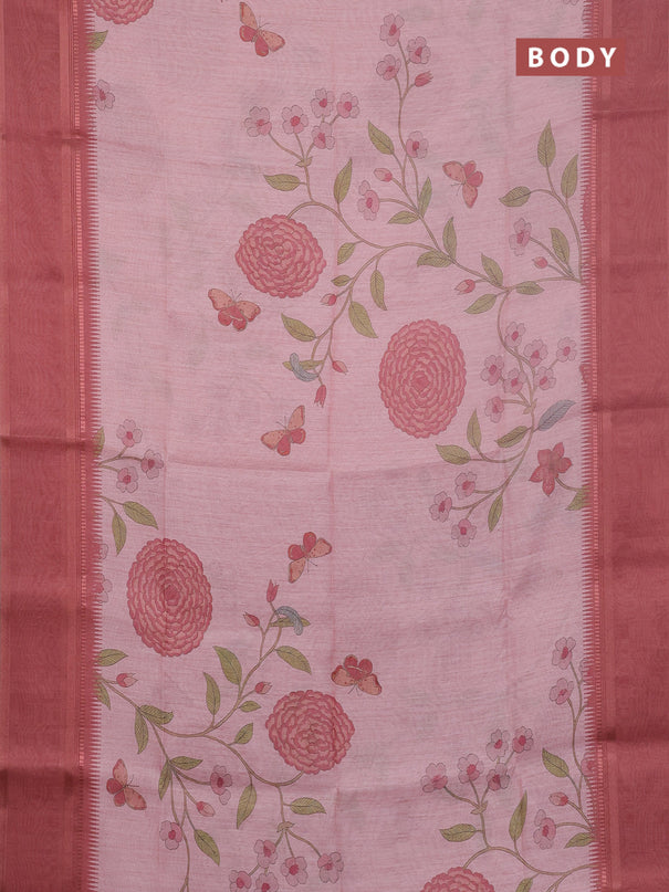 Art Linen saree peach shade with allover floal prints and temple design rettapet zari woven border