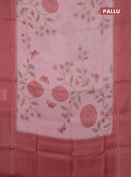 Art Linen saree peach shade with allover floal prints and temple design rettapet zari woven border