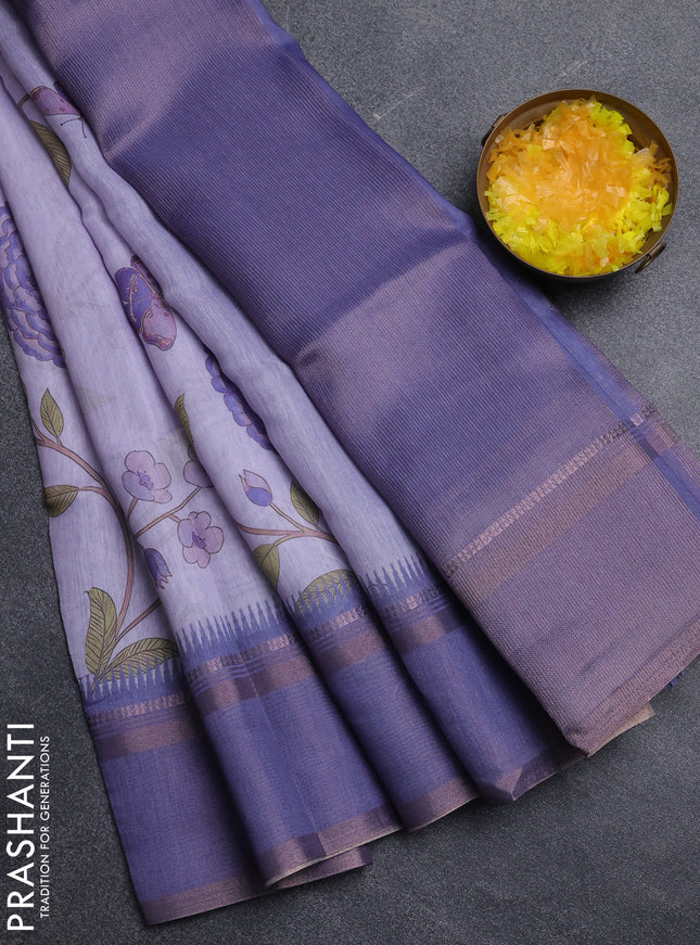 Art Linen saree lavender with allover floal prints and temple design rettapet zari woven border
