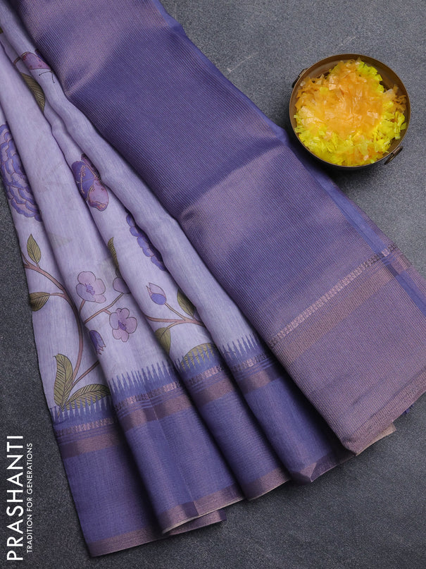 Art Linen saree lavender with allover floal prints and temple design rettapet zari woven border