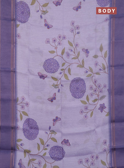 Art Linen saree lavender with allover floal prints and temple design rettapet zari woven border