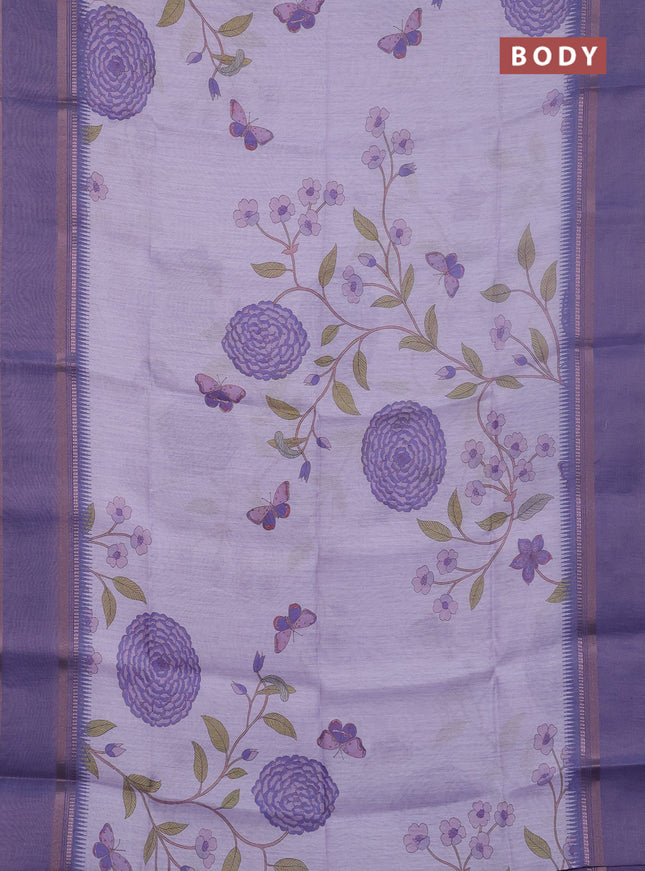 Art Linen saree lavender with allover floal prints and temple design rettapet zari woven border