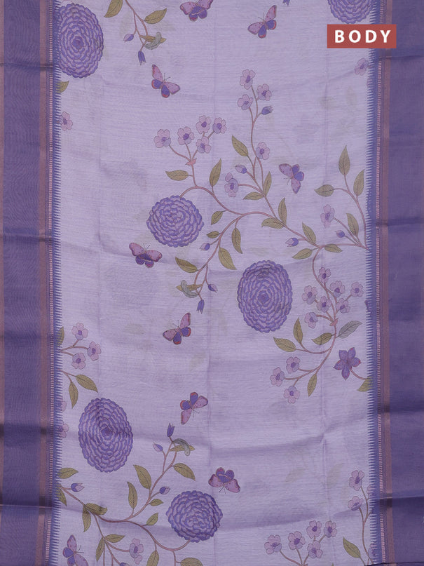Art Linen saree lavender with allover floal prints and temple design rettapet zari woven border