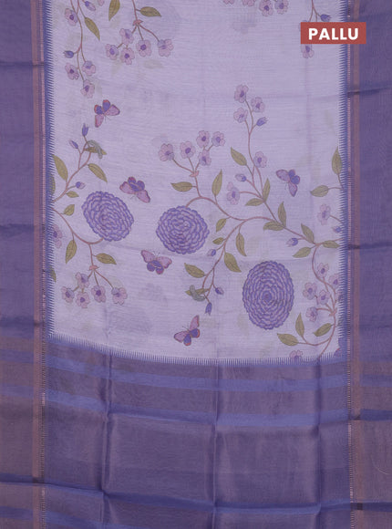 Art Linen saree lavender with allover floal prints and temple design rettapet zari woven border