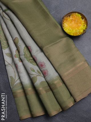 Art Linen saree pastel green and mehendi green with allover floal prints and temple design rettapet zari woven border