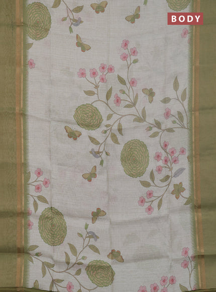 Art Linen saree pastel green and mehendi green with allover floal prints and temple design rettapet zari woven border