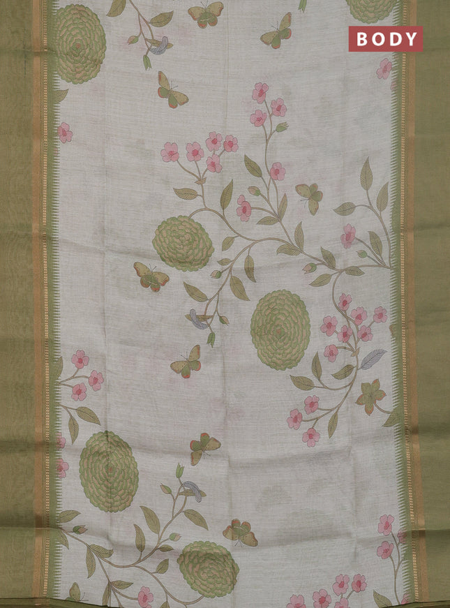 Art Linen saree pastel green and mehendi green with allover floal prints and temple design rettapet zari woven border
