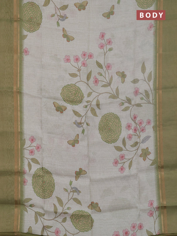 Art Linen saree pastel green and mehendi green with allover floal prints and temple design rettapet zari woven border